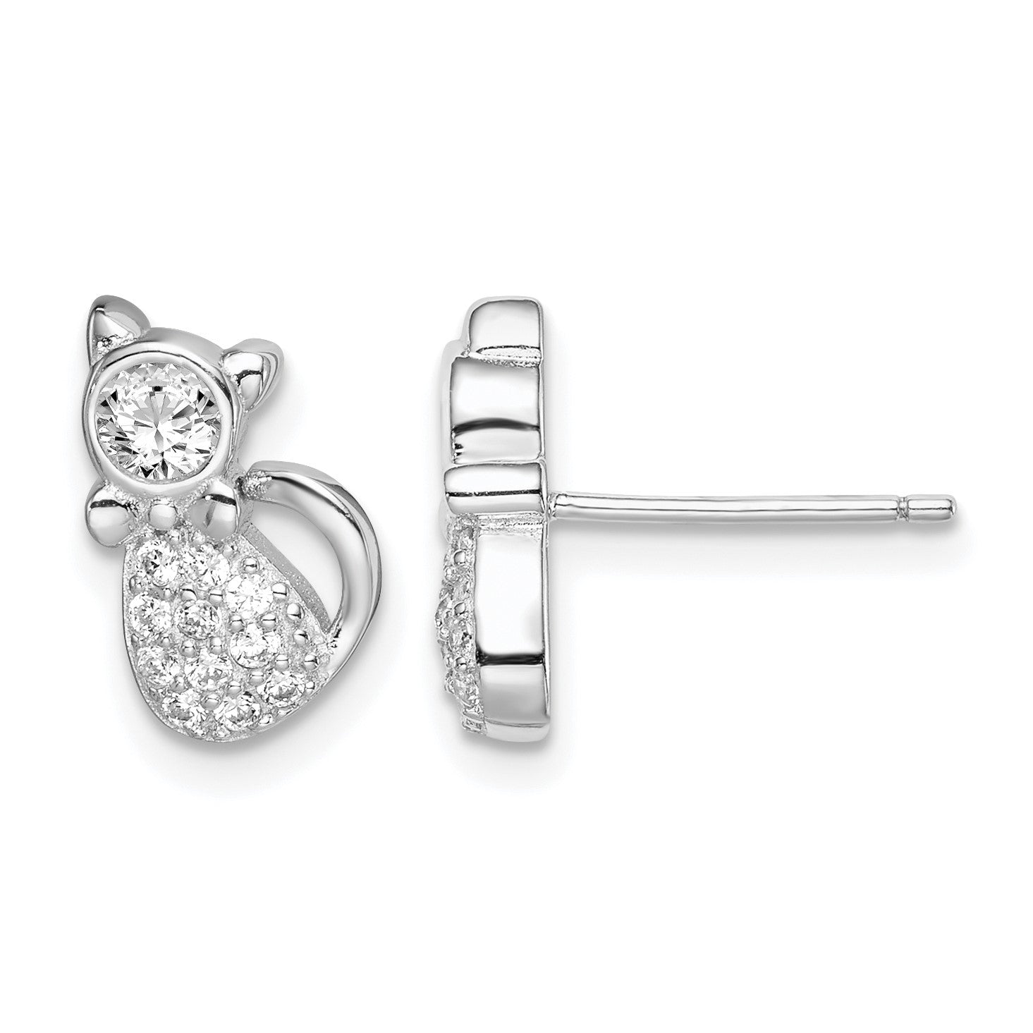 Sterling Silver Rhodium-plated Polished CZ Cat Post Earrings