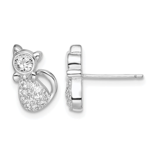 Sterling Silver Rhodium-plated Polished CZ Cat Post Earrings