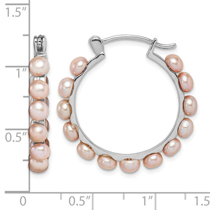 Sterling Silver Rhodium-plated 4-5mm Pink Button Freshwater Cultured Pearl Hoop Earrings