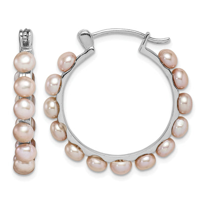 Sterling Silver Rhodium-plated 4-5mm Pink Button Freshwater Cultured Pearl Hoop Earrings