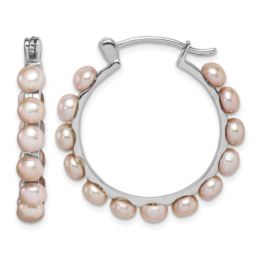 Sterling Silver Rhodium-plated 4-5mm Pink Button Freshwater Cultured Pearl Hoop Earrings