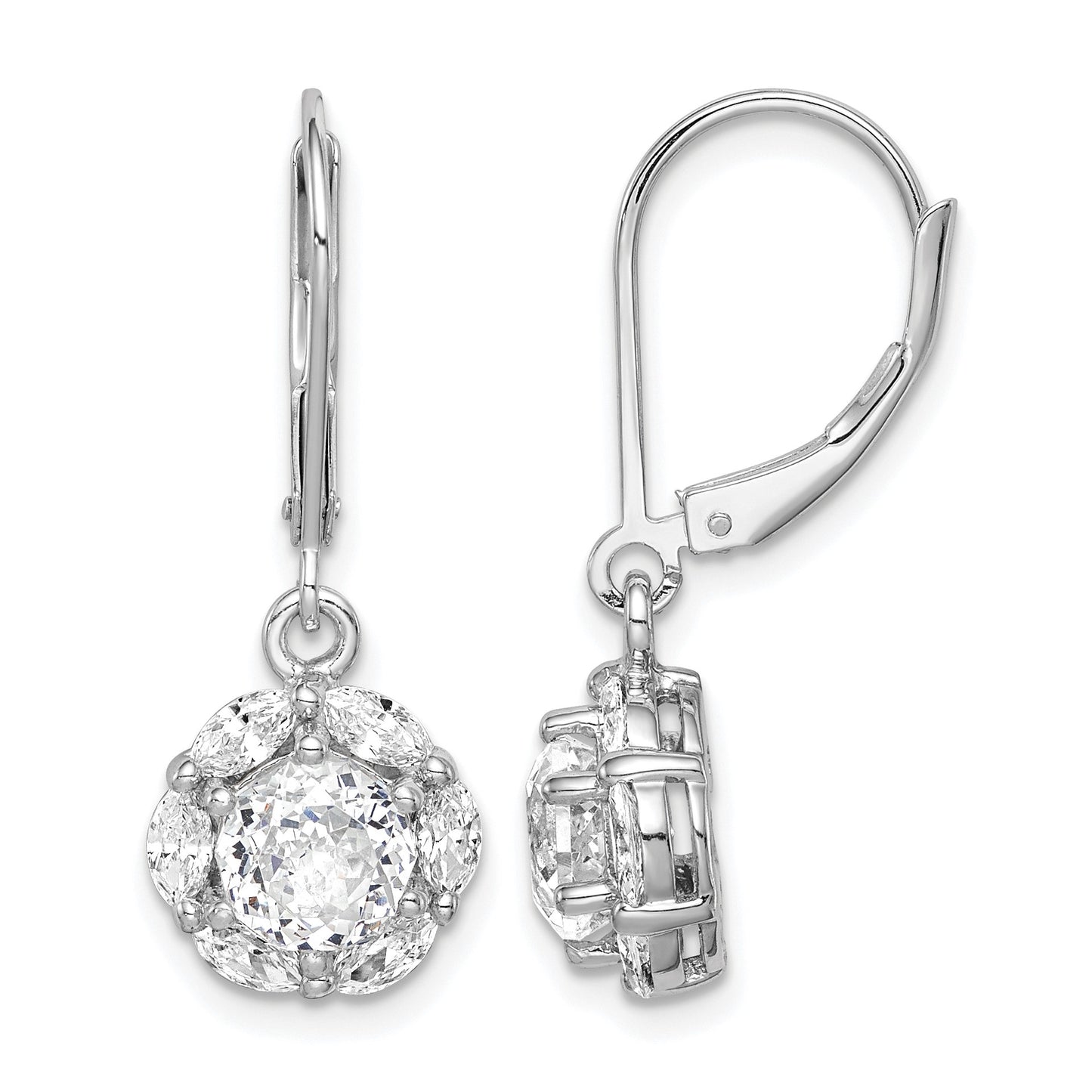 Sterling Silver Rhodium-plated Polished 6mm CZ Halo Leverback Earrings
