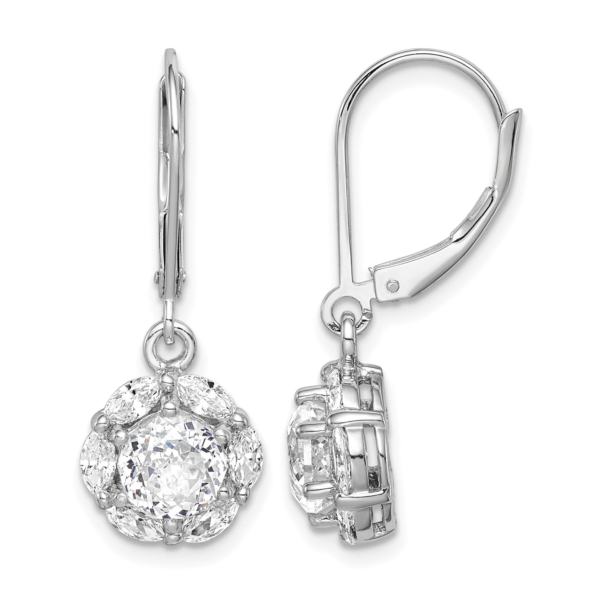 Sterling Silver Rhodium-plated Polished 6mm CZ Halo Leverback Earrings