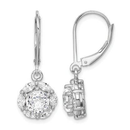 Sterling Silver Rhodium-plated Polished 6mm CZ Halo Leverback Earrings