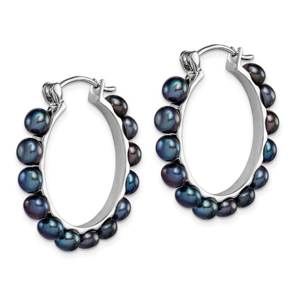 Sterling Silver Rhodium-plated 4-5mm Black Button Freshwater Cultured Pearl Hoop Earrings
