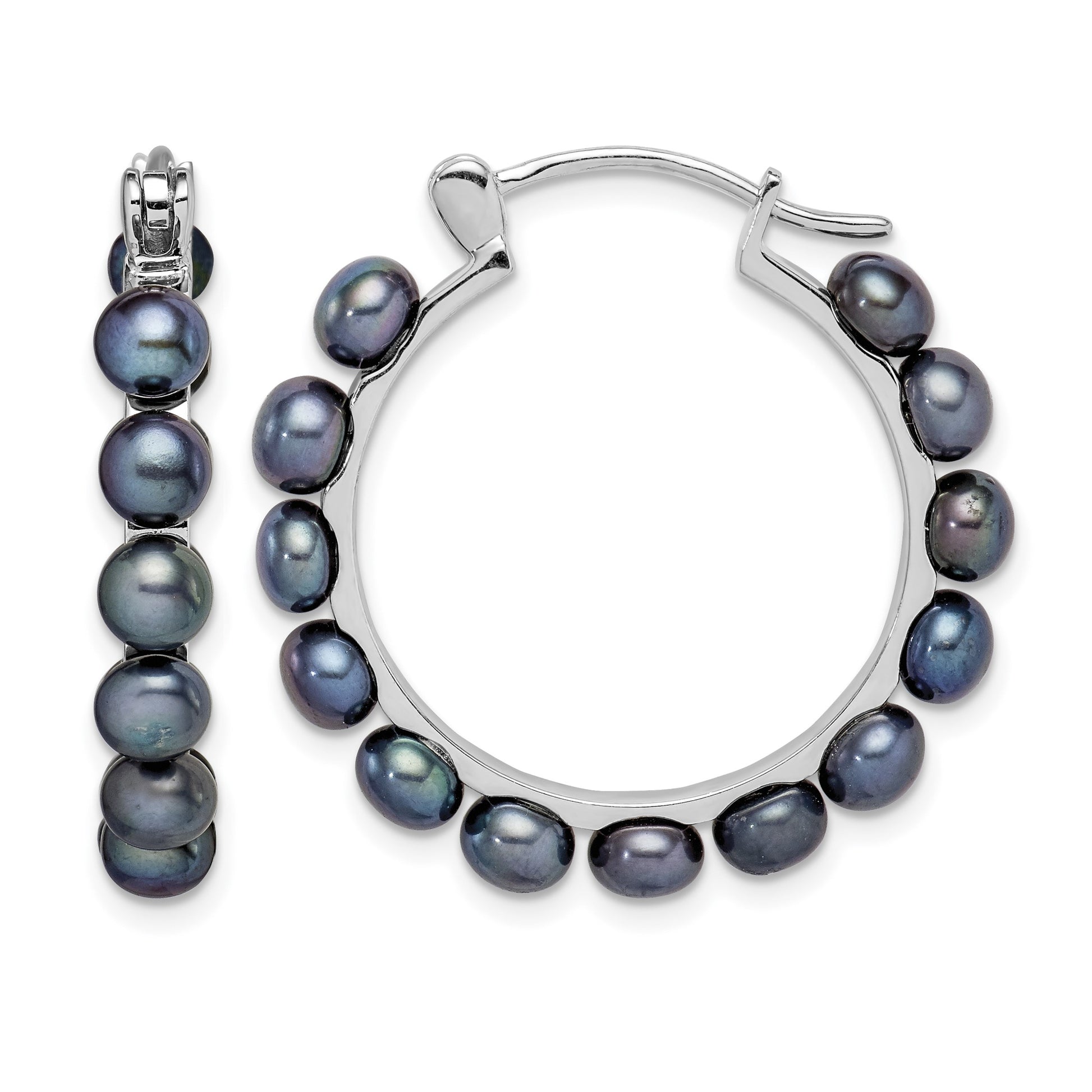 Sterling Silver Rhodium-plated 4-5mm Black Button Freshwater Cultured Pearl Hoop Earrings