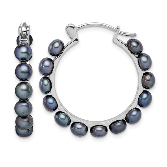 Sterling Silver Rhodium-plated 4-5mm Black Button Freshwater Cultured Pearl Hoop Earrings