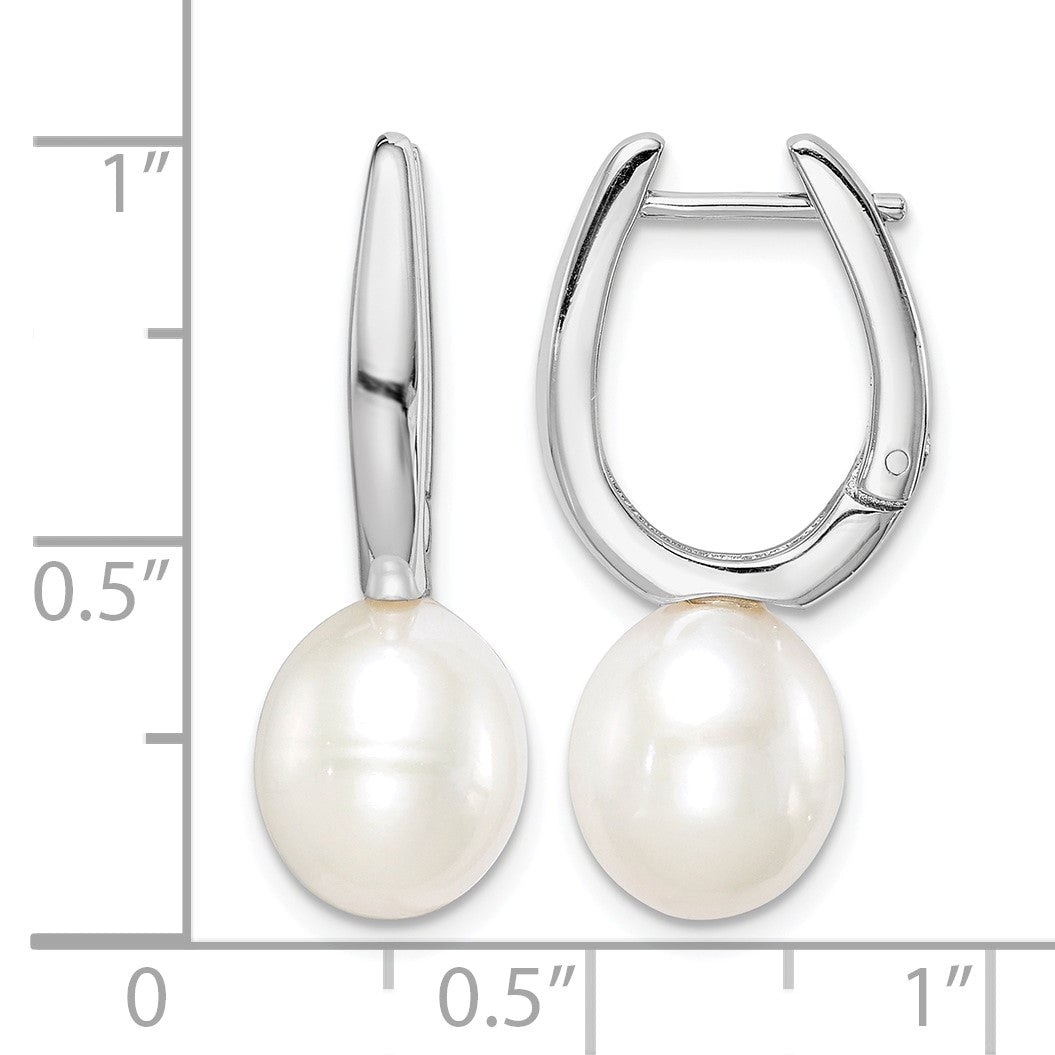 Sterling Silver Rhodium-plated 7-8mm White Rice Freshwater Cultured Pearl Dangle Hoop Earrings