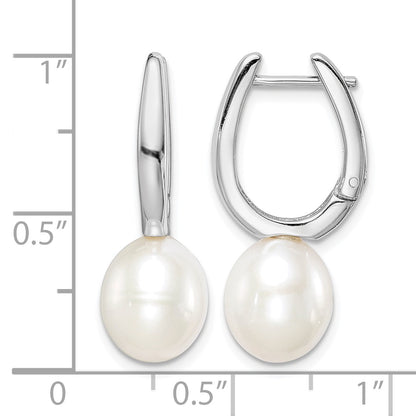 Sterling Silver Rhodium-plated 7-8mm White Rice Freshwater Cultured Pearl Dangle Hoop Earrings