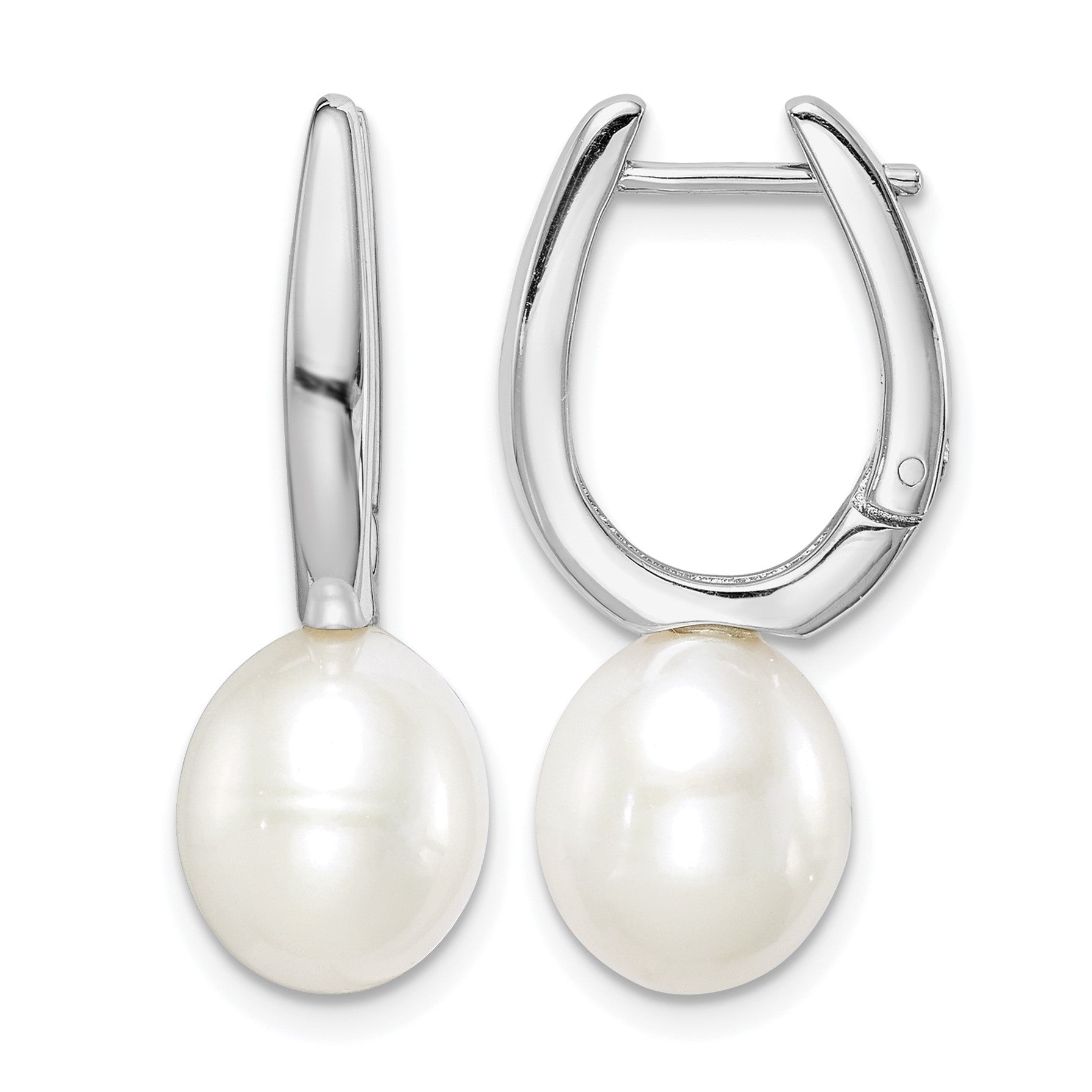 Sterling Silver Rhodium-plated 7-8mm White Rice Freshwater Cultured Pearl Dangle Hoop Earrings