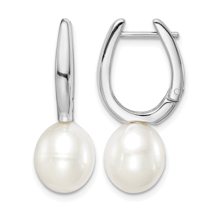 Sterling Silver Rhodium-plated 7-8mm White Rice Freshwater Cultured Pearl Dangle Hoop Earrings