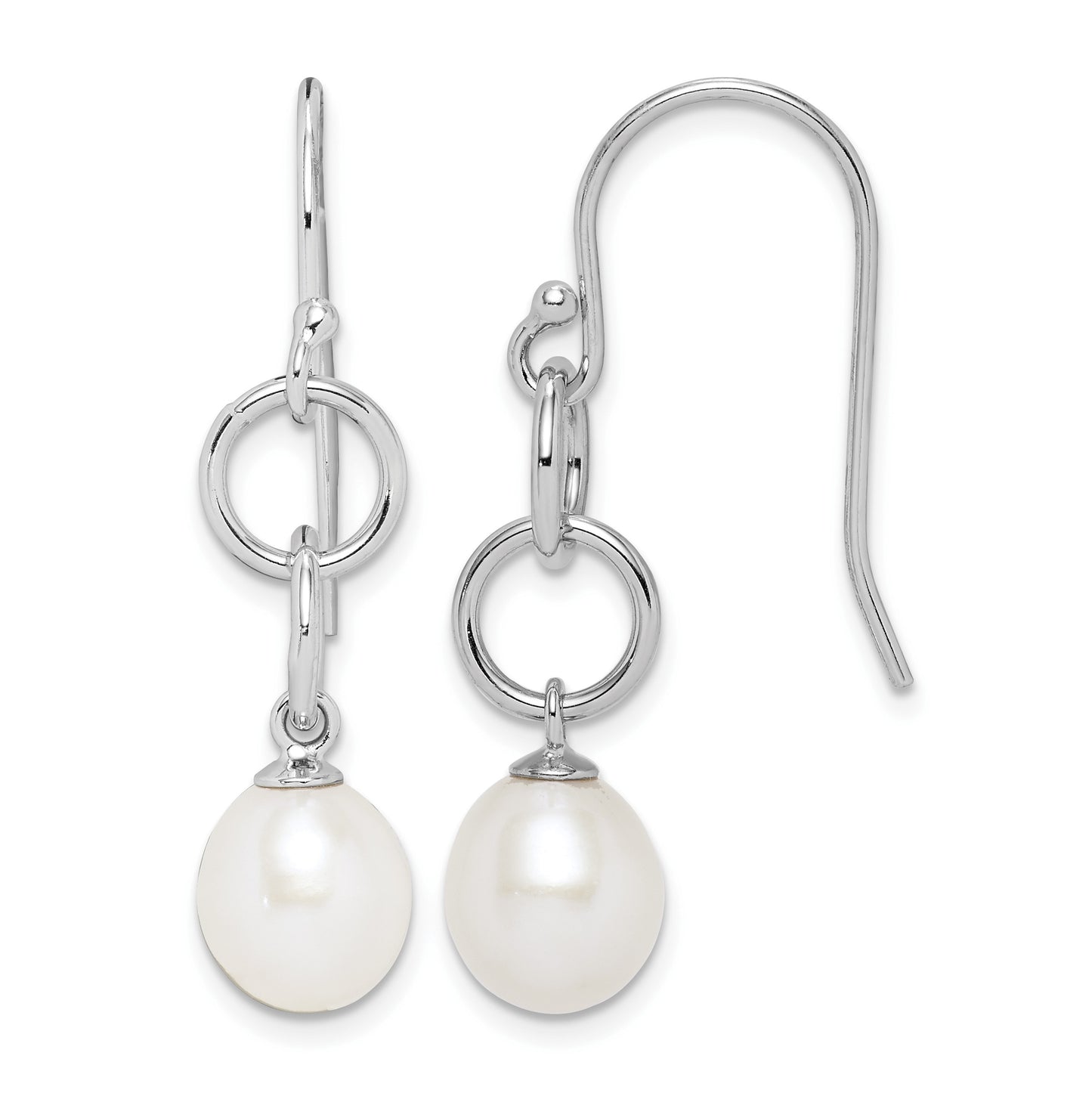 Sterling Silver Rhodium-plated 7-8mm White Teardrop Freshwater Cultured Pearl Circle Dangle Earrings