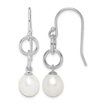 Sterling Silver Rhodium-plated 7-8mm White Teardrop Freshwater Cultured Pearl Circle Dangle Earrings