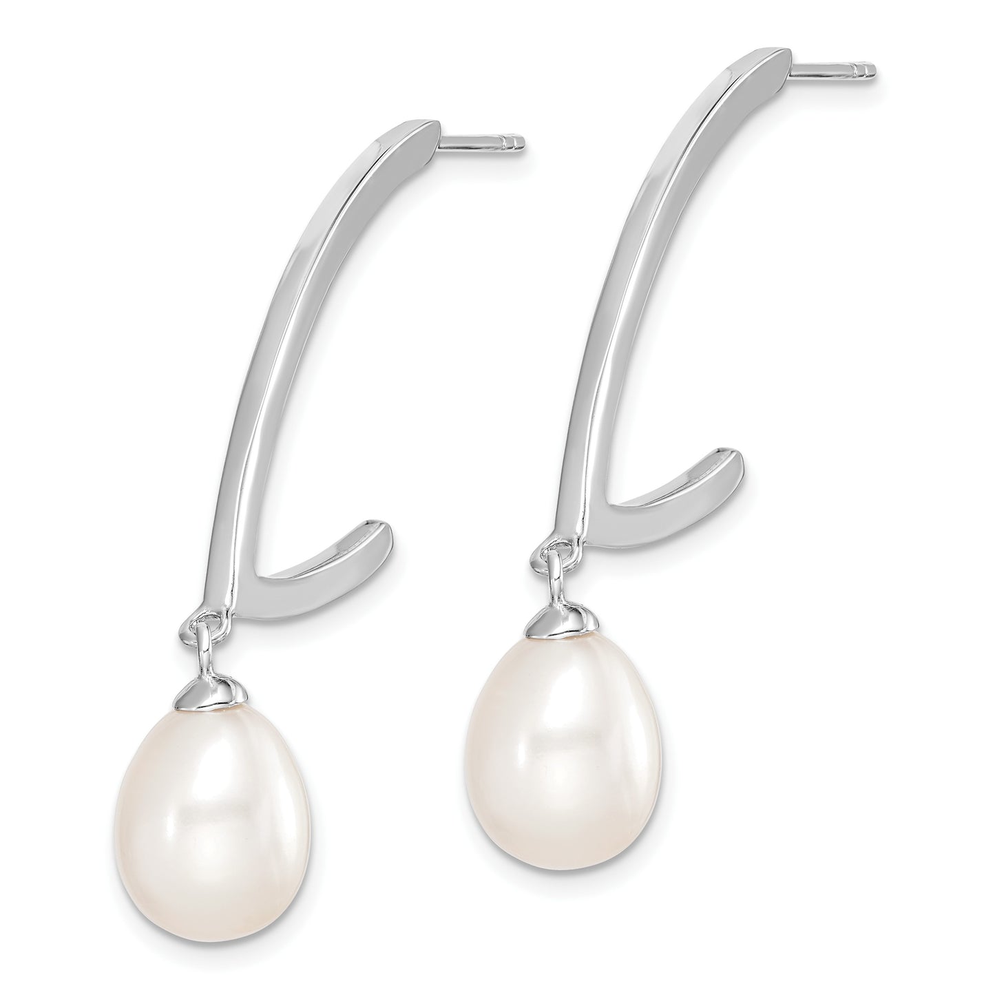 Sterling Silver Rhodium-plated 8-9mm White Rice Freshwater Cultured Pearl Post Dangle Earrings