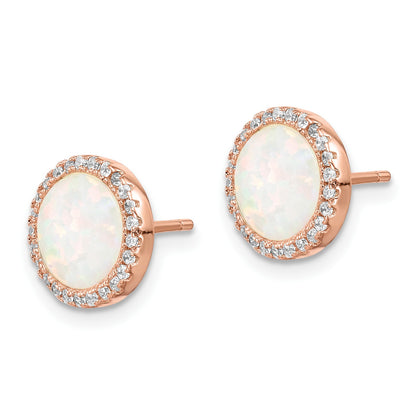 Sterling Silver Rose-Tone Created Opal & CZ Round Halo Post Earrings