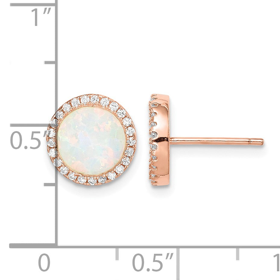 Sterling Silver Rose-Tone Created Opal & CZ Round Halo Post Earrings