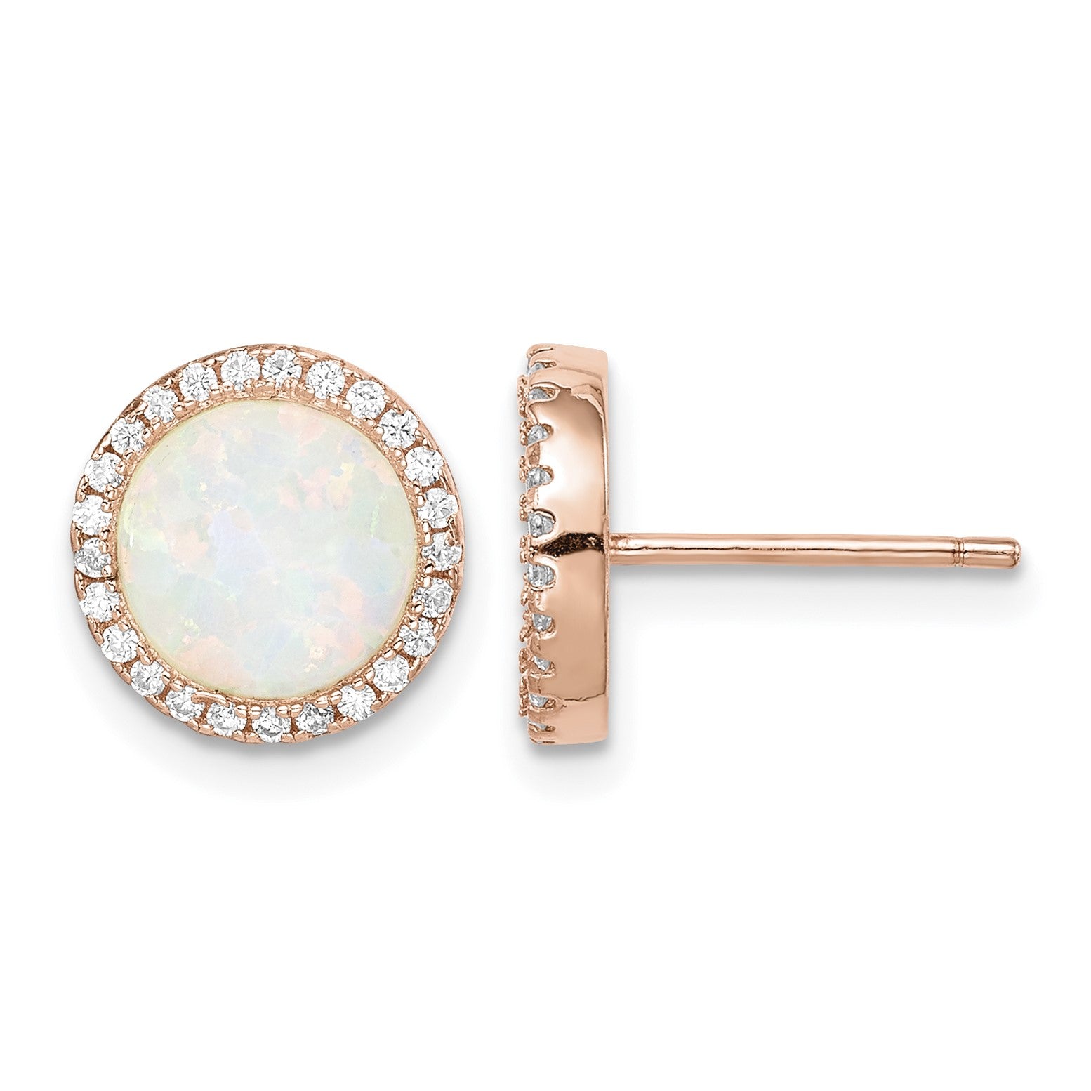 Sterling Silver Rose-Tone Created Opal & CZ Round Halo Post Earrings
