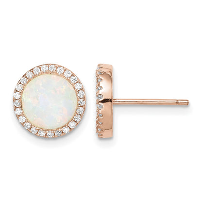 Sterling Silver Rose-Tone Created Opal & CZ Round Halo Post Earrings