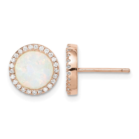 Sterling Silver Rose-Tone Created Opal & CZ Round Halo Post Earrings