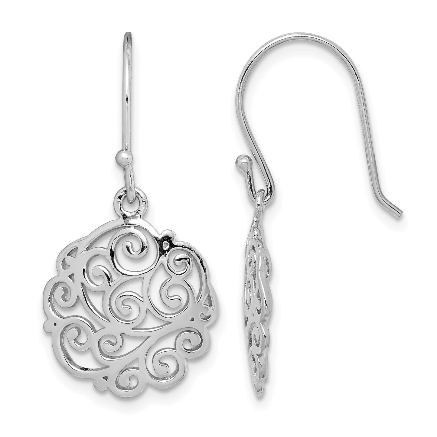 Sterling Silver Rhodium-plated Polished Filigree Circle Dangle Earrings