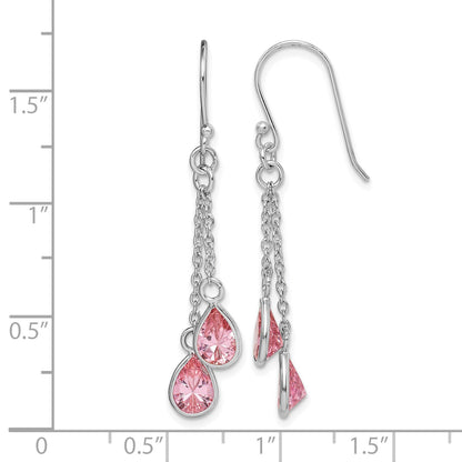 Sterling Silver RH-plated Multi-Strand Pink CZ Teardrop Dangle Earrings