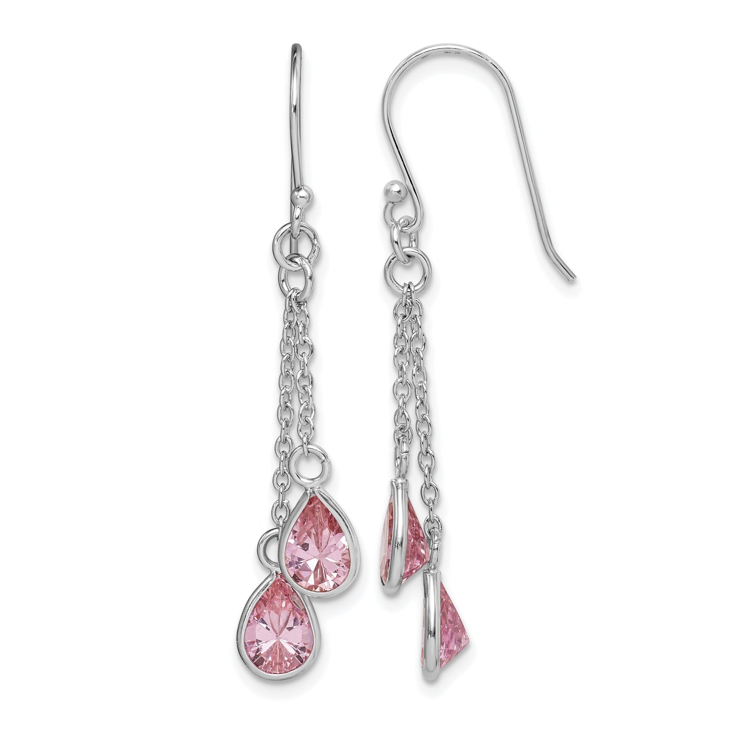 Sterling Silver RH-plated Multi-Strand Pink CZ Teardrop Dangle Earrings