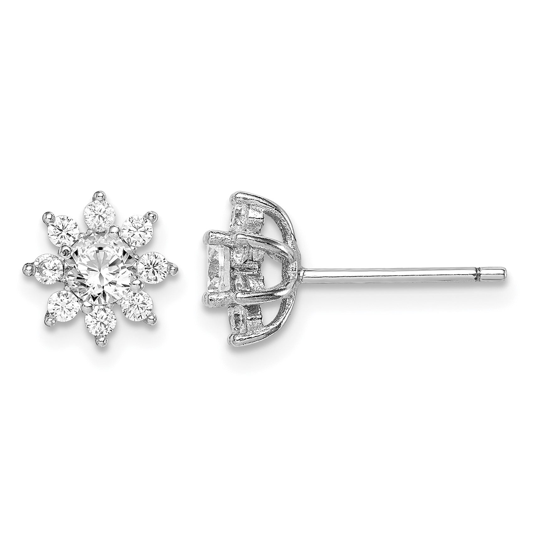 Sterling Silver Rhodium-plated Polished CZ Flower Post Earrings