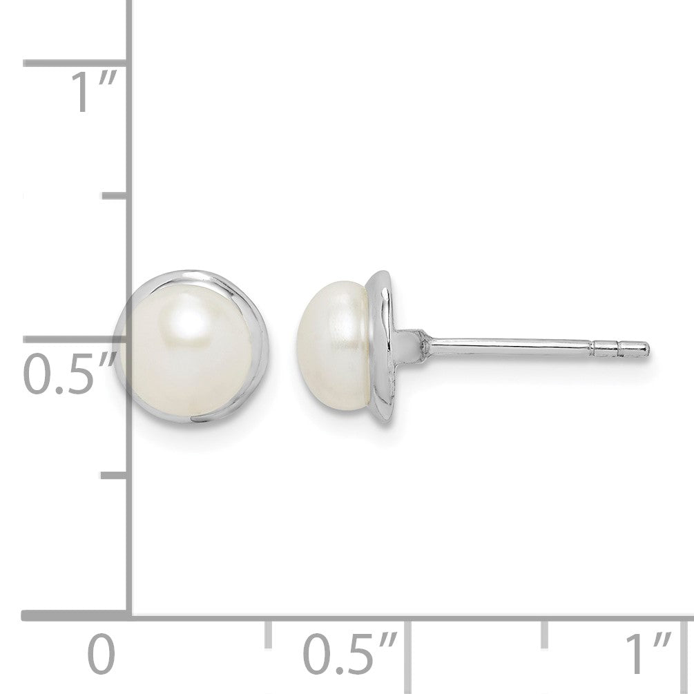 Sterling Silver Rhodium-plated 6-7mm White Button Freshwater Cultured Pearl Post Earrings