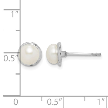 Sterling Silver Rhodium-plated 6-7mm White Button Freshwater Cultured Pearl Post Earrings