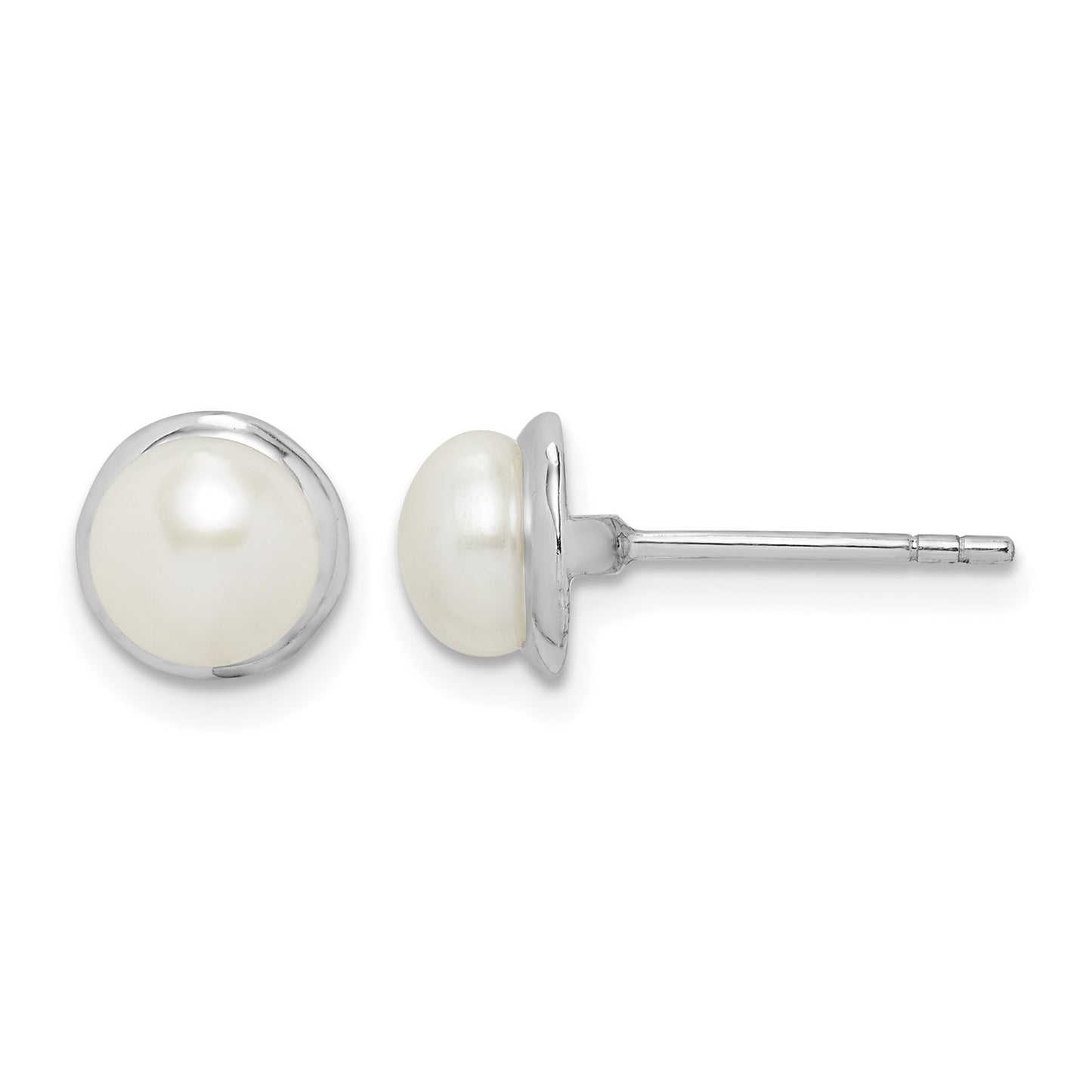 Sterling Silver Rhodium-plated 6-7mm White Button Freshwater Cultured Pearl Post Earrings