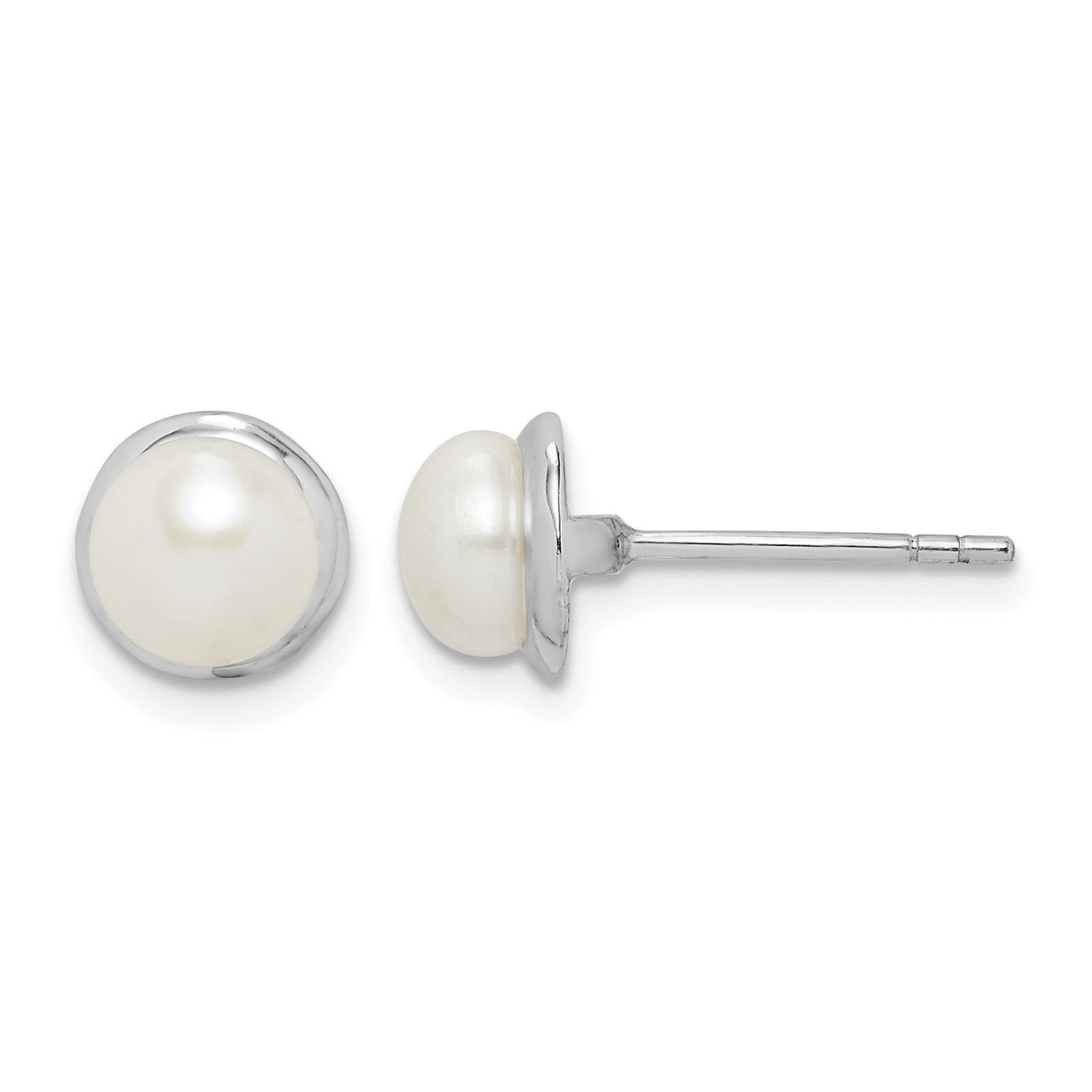 Sterling Silver Rhodium-plated 6-7mm White Button Freshwater Cultured Pearl Post Earrings
