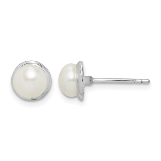 Sterling Silver Rhodium-plated 6-7mm White Button Freshwater Cultured Pearl Post Earrings