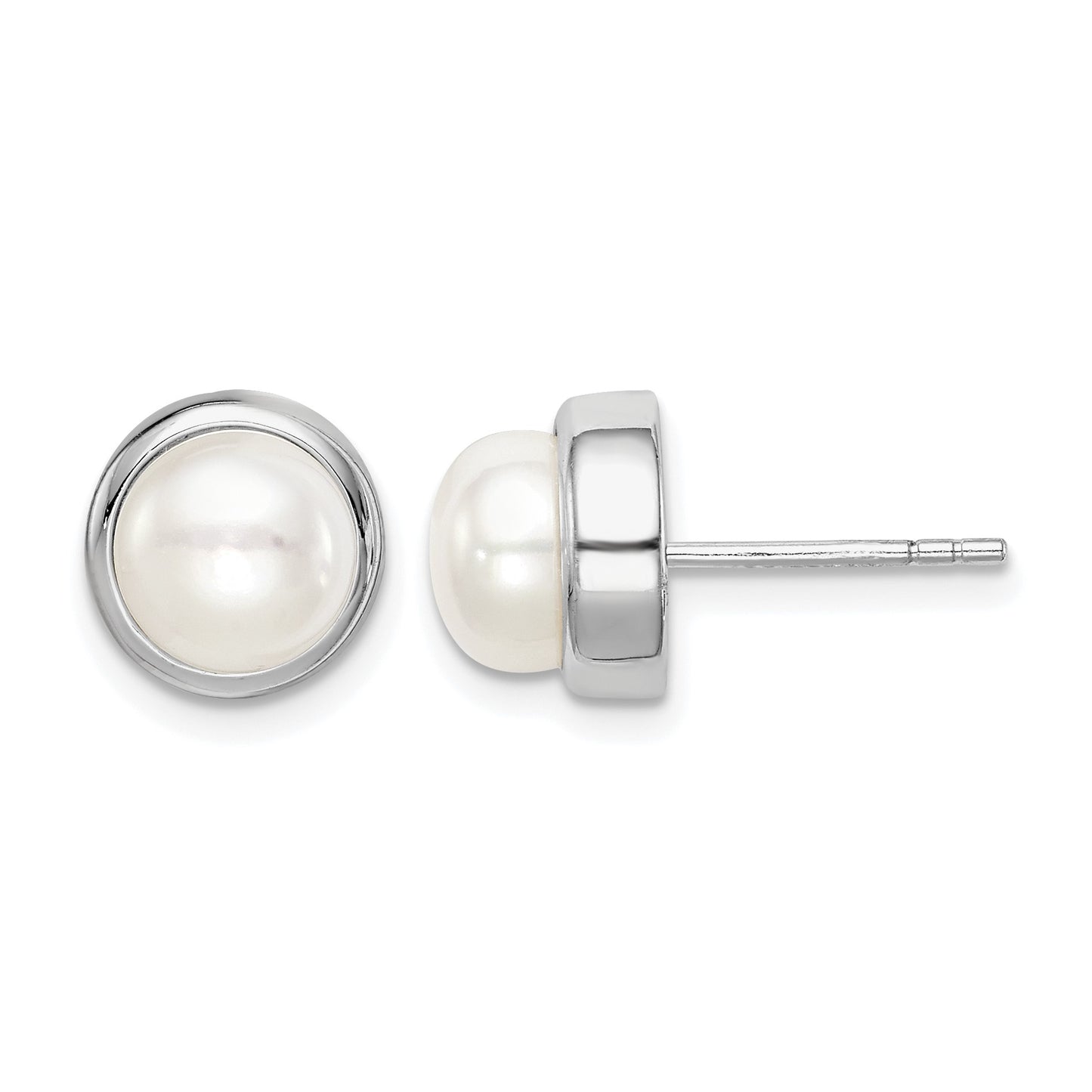Sterling Silver Rhodium-plated 7-8mm White Button Freshwater Cultured Pearl Post Earrings