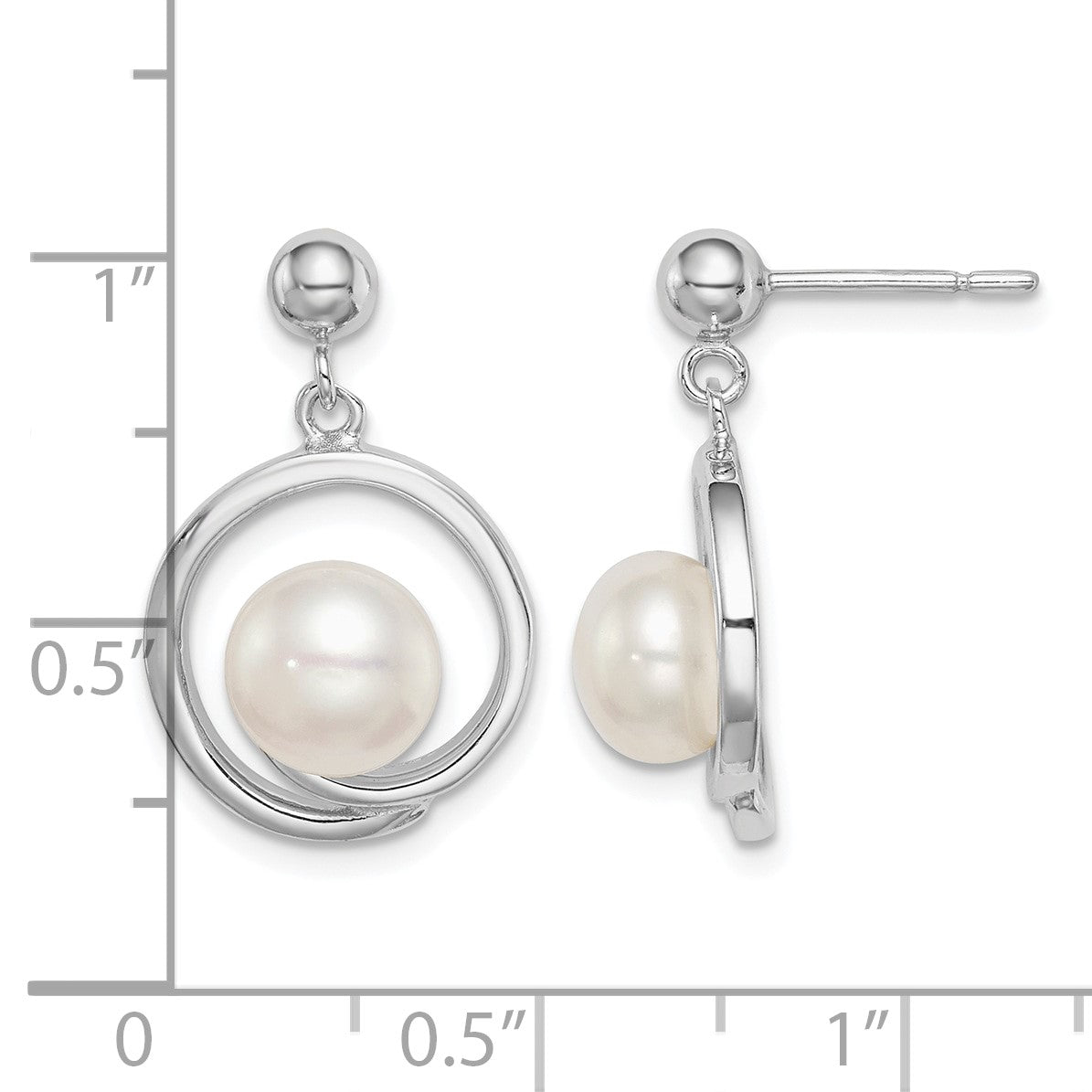 Sterling Silver Rhodium-plated 7-8mm White Button Freshwater Cultured Pearl Post Dangle Earrings