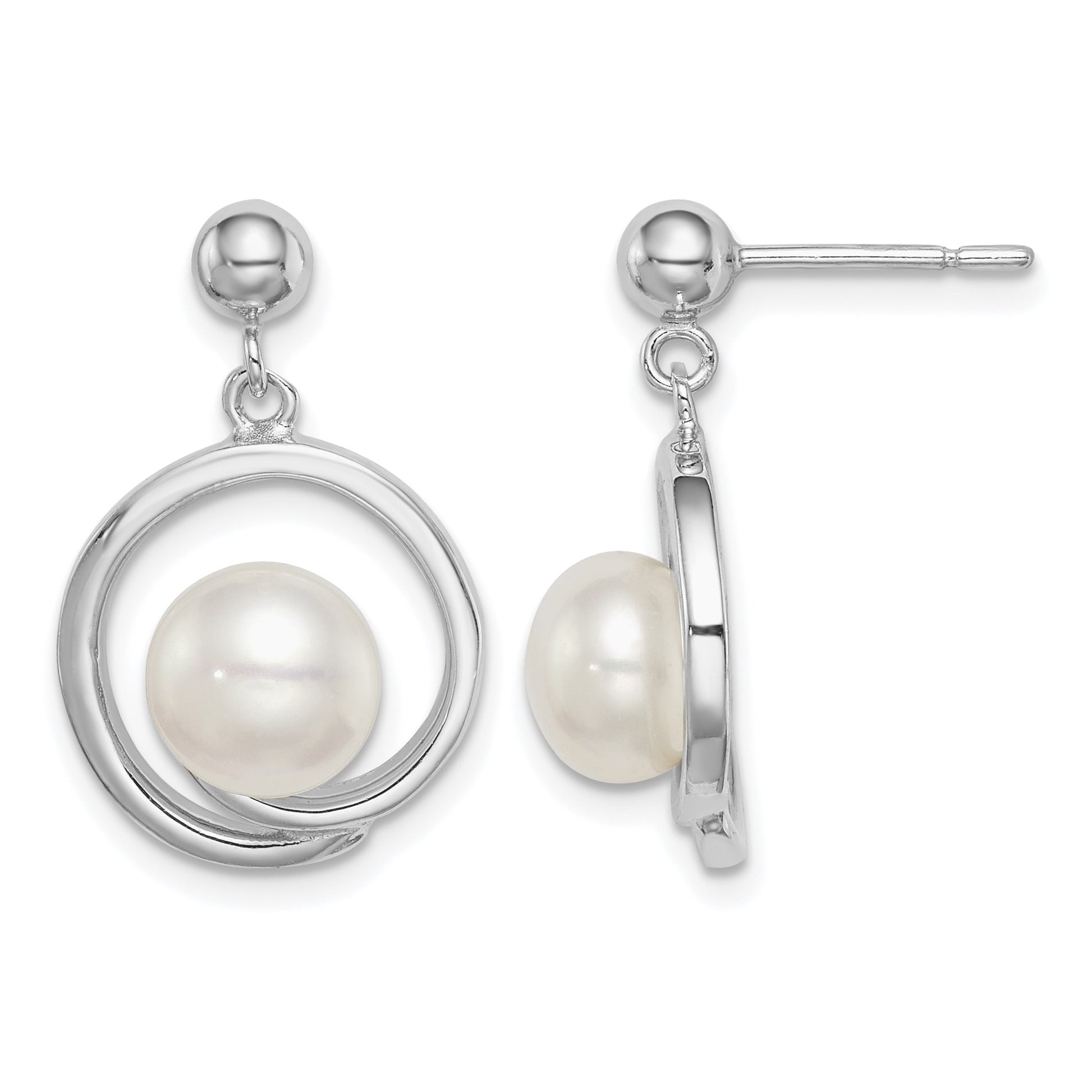 Sterling Silver Rhodium-plated 7-8mm White Button Freshwater Cultured Pearl Post Dangle Earrings
