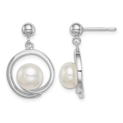 Sterling Silver Rhodium-plated 7-8mm White Button Freshwater Cultured Pearl Post Dangle Earrings