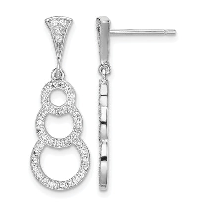 Sterling Silver Rhodium-plated CZ 3-Circles Dangle Post Earrings