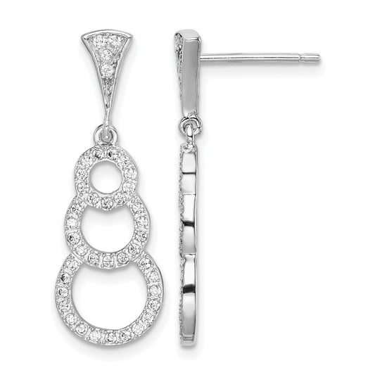 Sterling Silver Rhodium-plated CZ 3-Circles Dangle Post Earrings