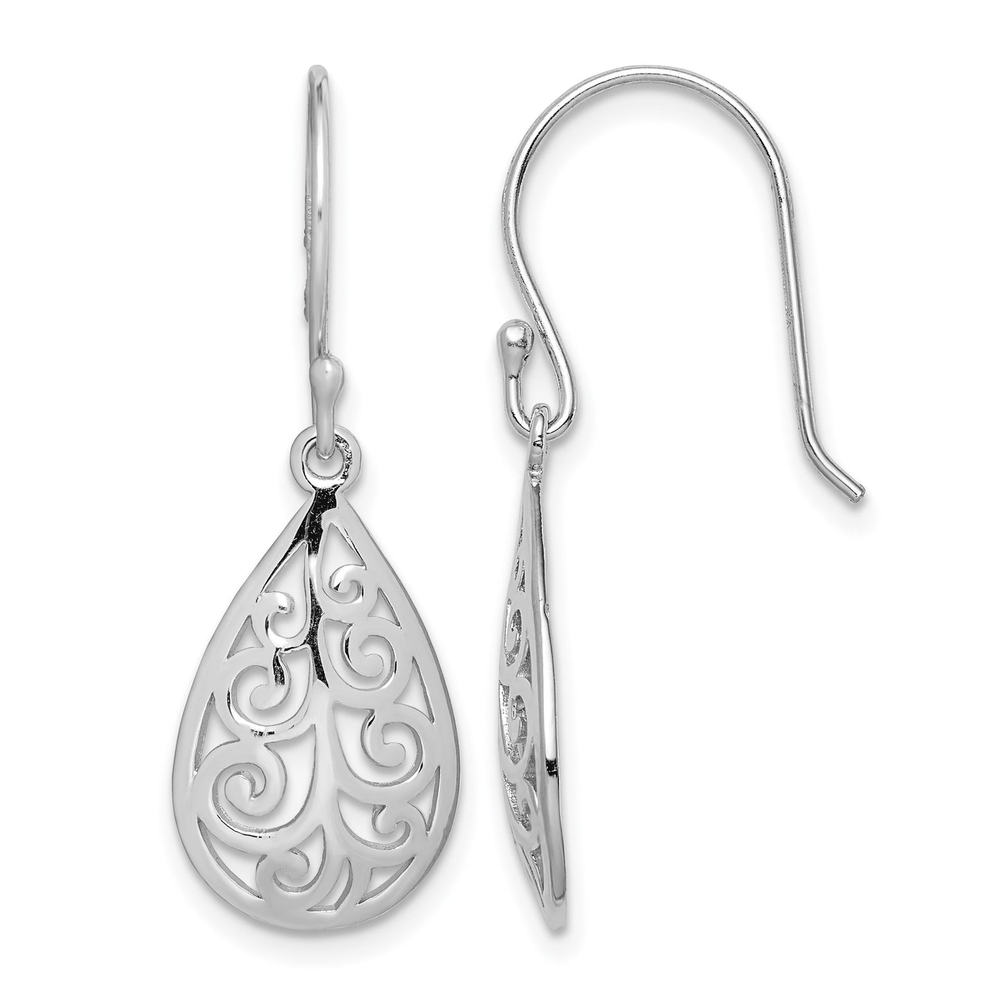 Sterling Silver Rhodium-plated  Polished Filigree Teardrop Dangle Earrings