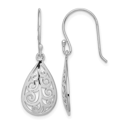 Sterling Silver Rhodium-plated  Polished Filigree Teardrop Dangle Earrings