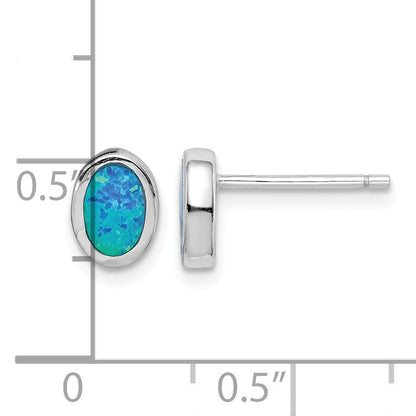 Sterling Silver RH-plated Polished Blue Created Opal Oval Stud Earrings
