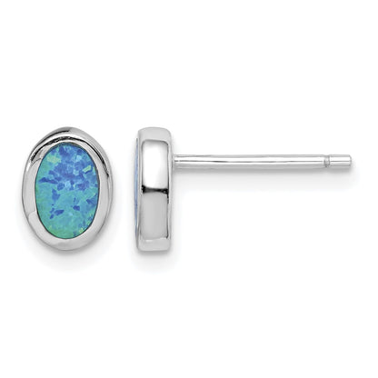 Sterling Silver RH-plated Polished Blue Created Opal Oval Stud Earrings
