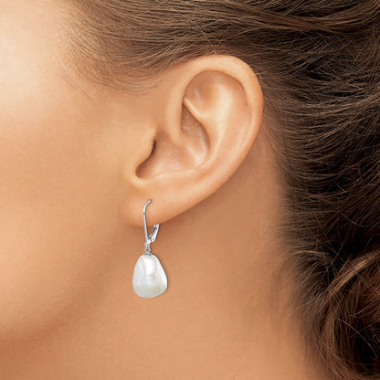 Sterling Silver Rhodium-plated 11-12mm White Keshi Freshwater Cultured Pearl Leverback Dangle Earrings