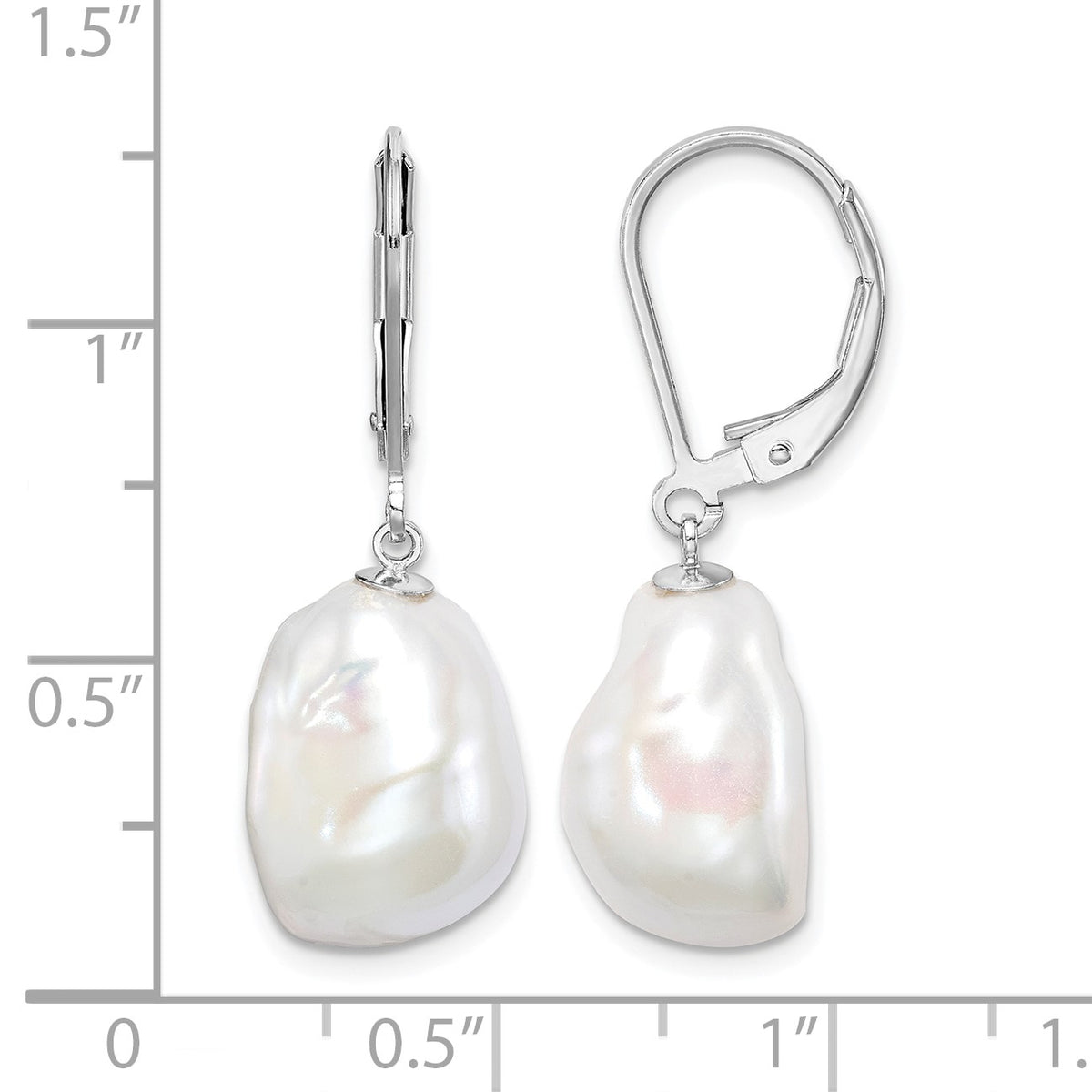 Sterling Silver Rhodium-plated 11-12mm White Keshi Freshwater Cultured Pearl Leverback Dangle Earrings