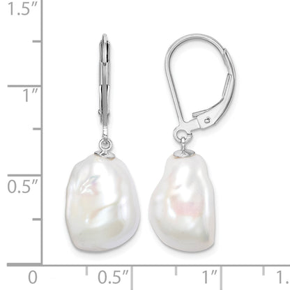 Sterling Silver Rhodium-plated 11-12mm White Keshi Freshwater Cultured Pearl Leverback Dangle Earrings