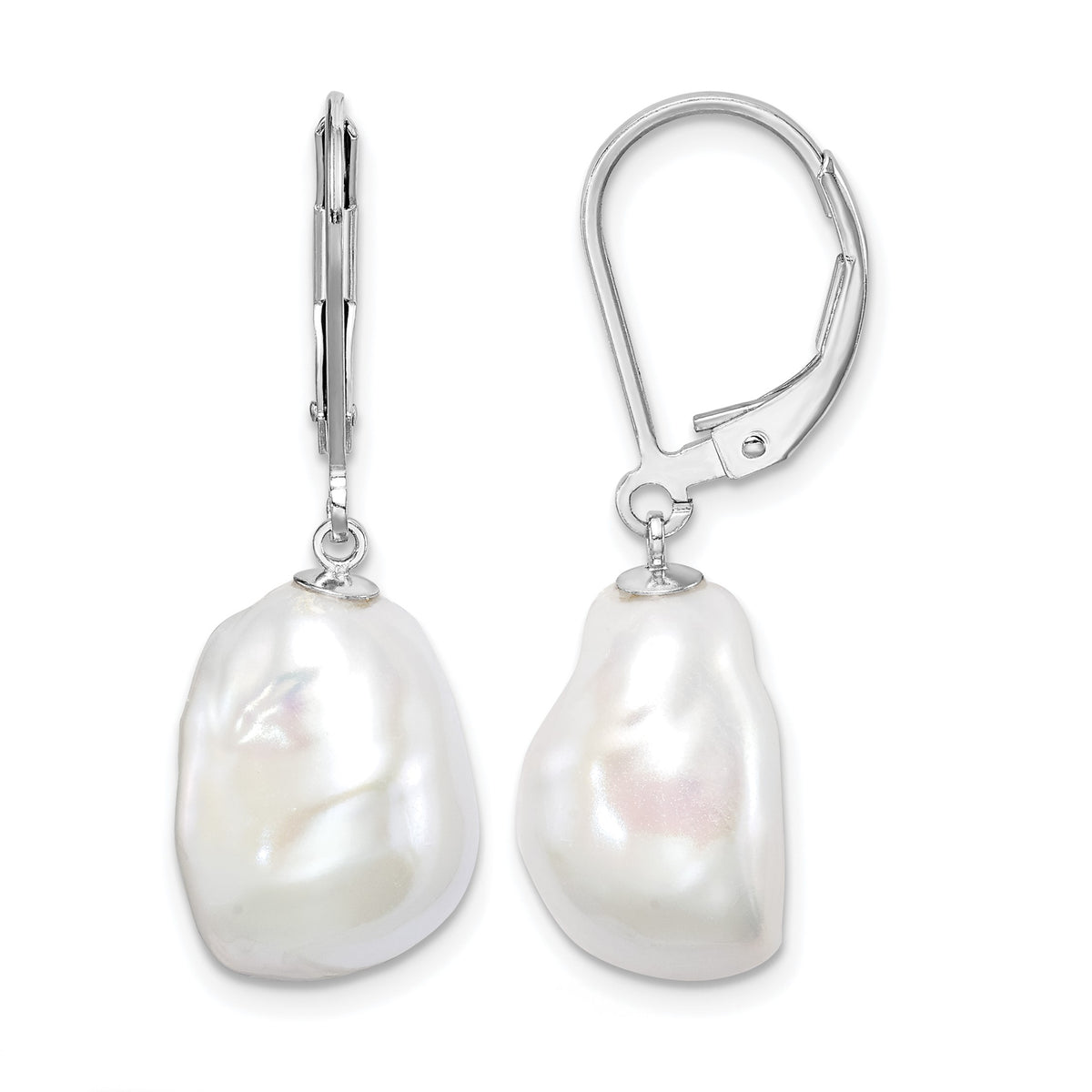 Sterling Silver Rhodium-plated 11-12mm White Keshi Freshwater Cultured Pearl Leverback Dangle Earrings