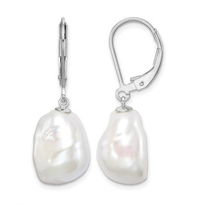 Sterling Silver Rhodium-plated 11-12mm White Keshi Freshwater Cultured Pearl Leverback Dangle Earrings