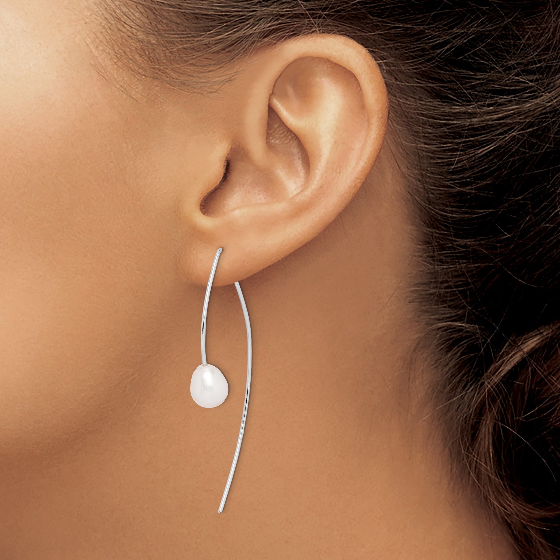 Sterling Silver Rhodium-plated 8-9mm White Teardrop Freshwater Cultured Pearl Threader Earrings