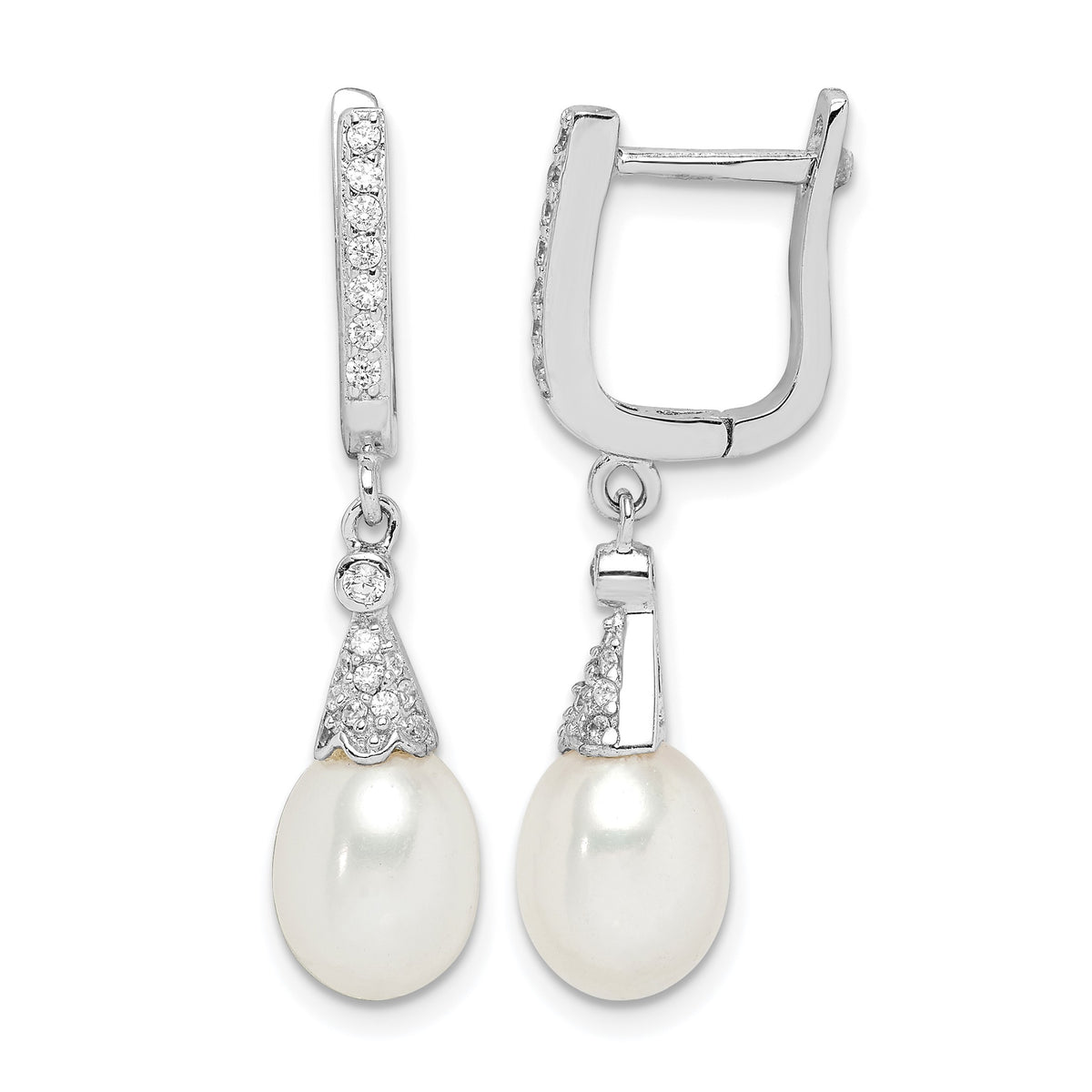 Sterling Silver Rhodium-plated 7-8mm White Rice Freshwater Cultured Pearl and CZ  Dangle Leverback Earrings