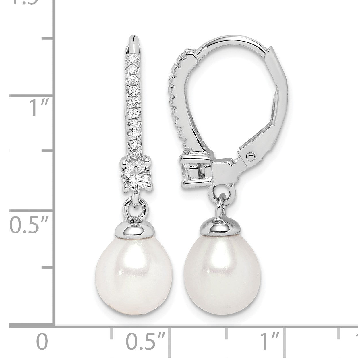 Sterling Silver Rhodium-plated 7-8mm White Teardrop Freshwater Cultured Pearl and CZ Leverback Dangle Earrings
